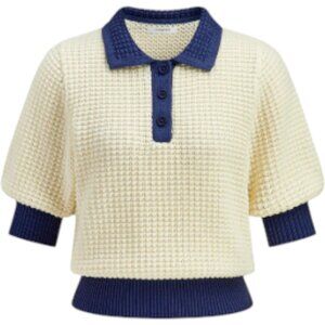 Jason Wu Waffle Knit Short Puffy Sleeve Polo Sweater Top Size S/P